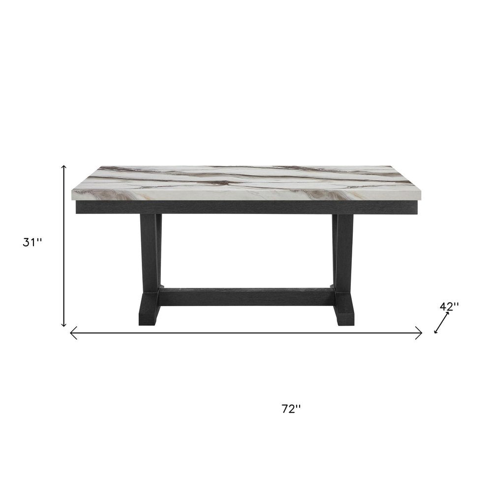 White and Black Faux Marble and Wood Trestle Base Dining Table - 72-inch