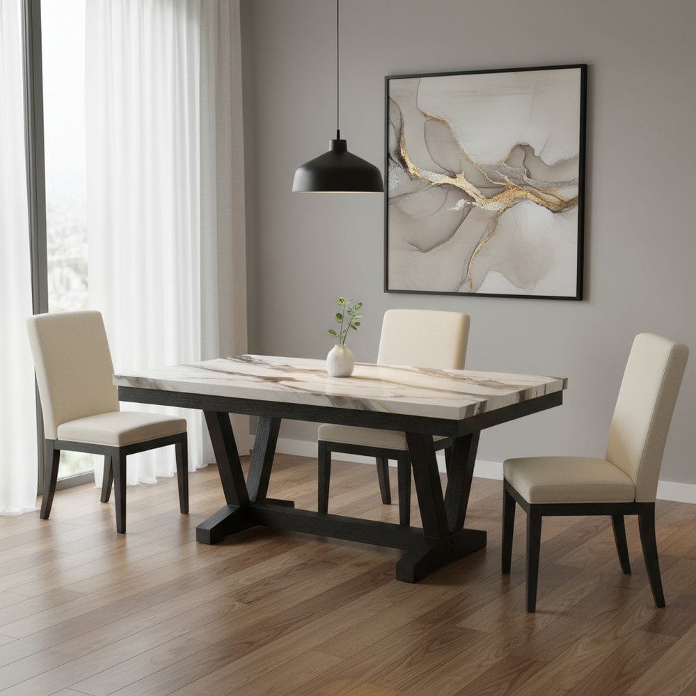 White and Black Faux Marble and Wood Trestle Base Dining Table - 72-inch