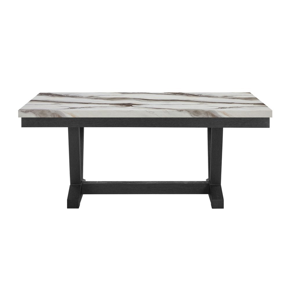 White and Black Faux Marble and Wood Trestle Base Dining Table - 72-inch