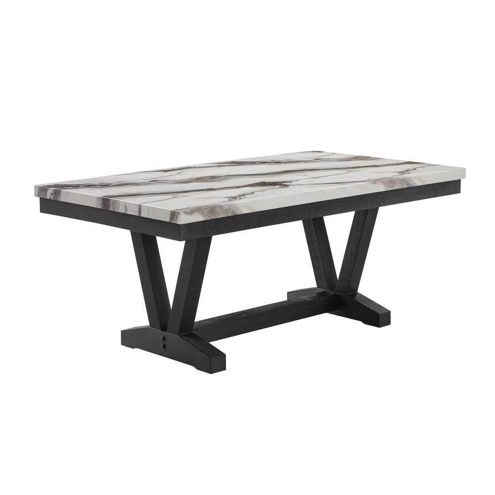 White and Black Faux Marble and Wood Trestle Base Dining Table - 72-inch