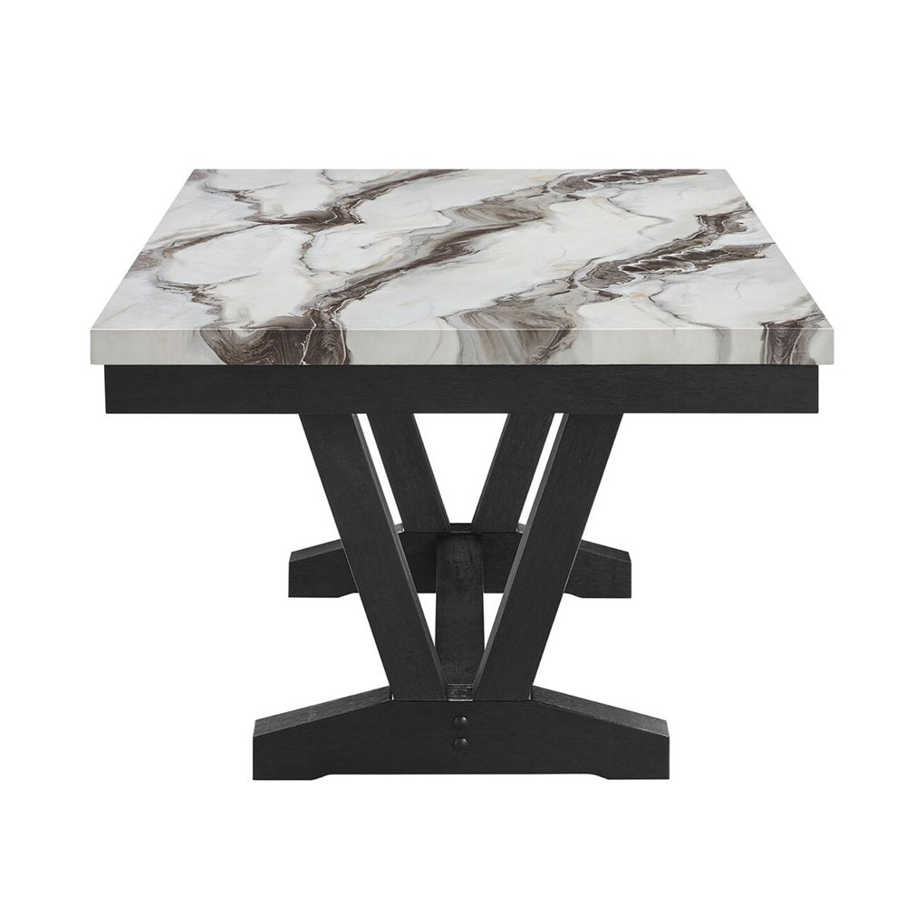 White and Black Faux Marble and Wood Trestle Base Dining Table - 72-inch