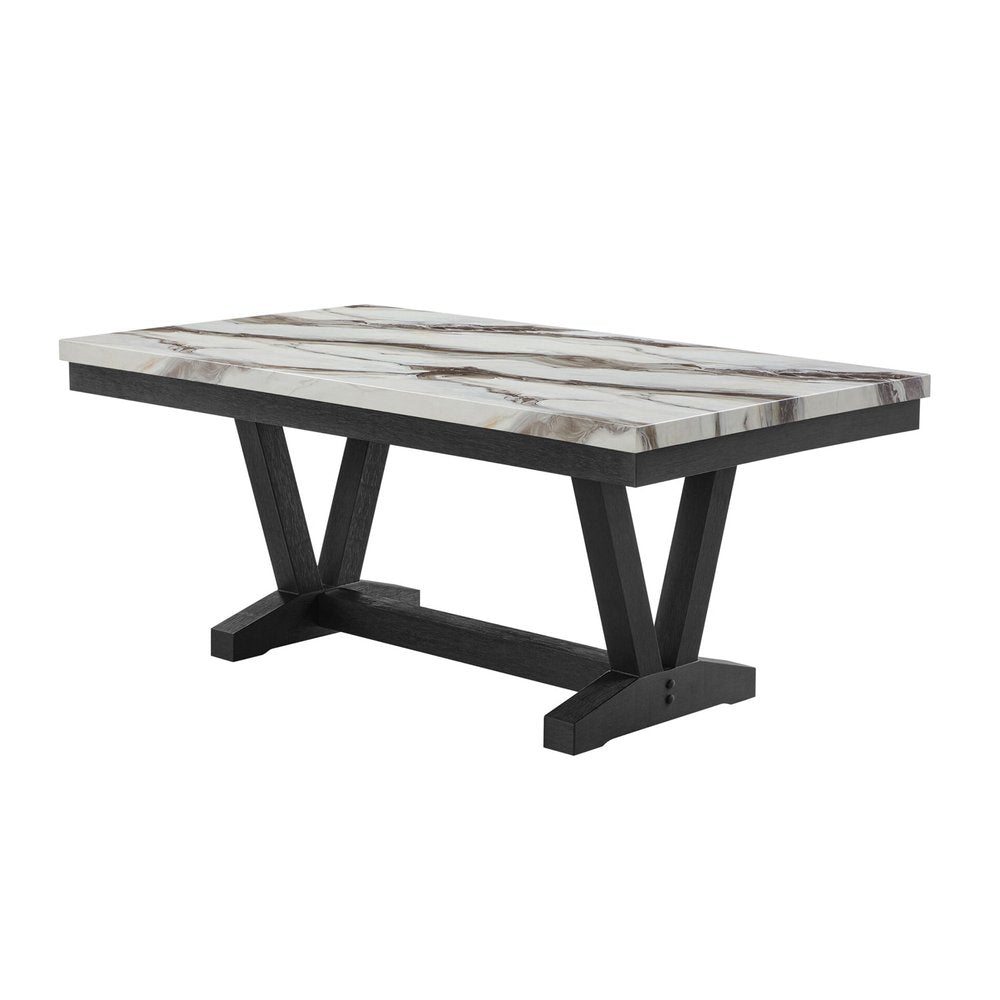 White and Black Faux Marble and Wood Trestle Base Dining Table - 72-inch
