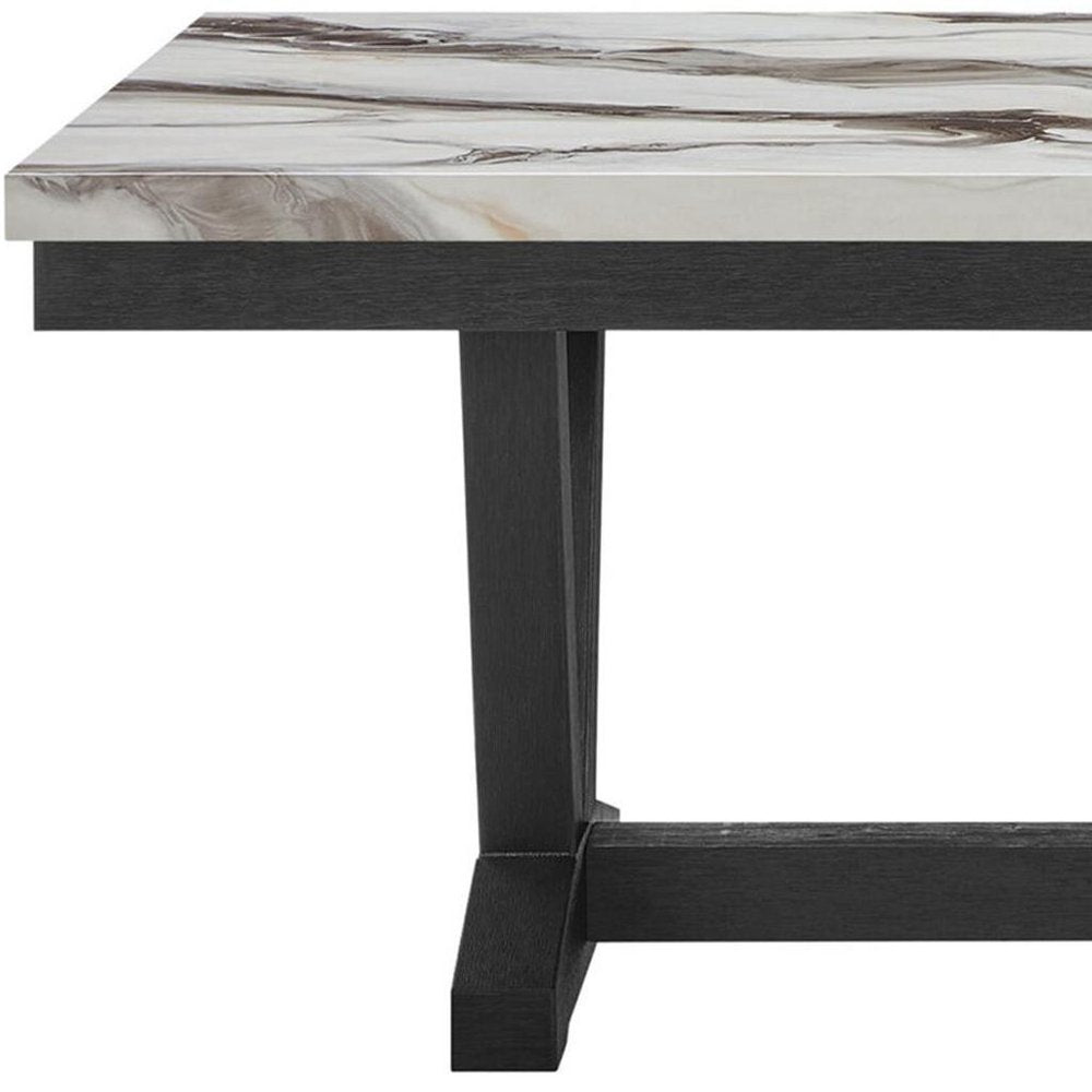 White and Black Faux Marble and Wood Trestle Base Dining Table - 72-inch
