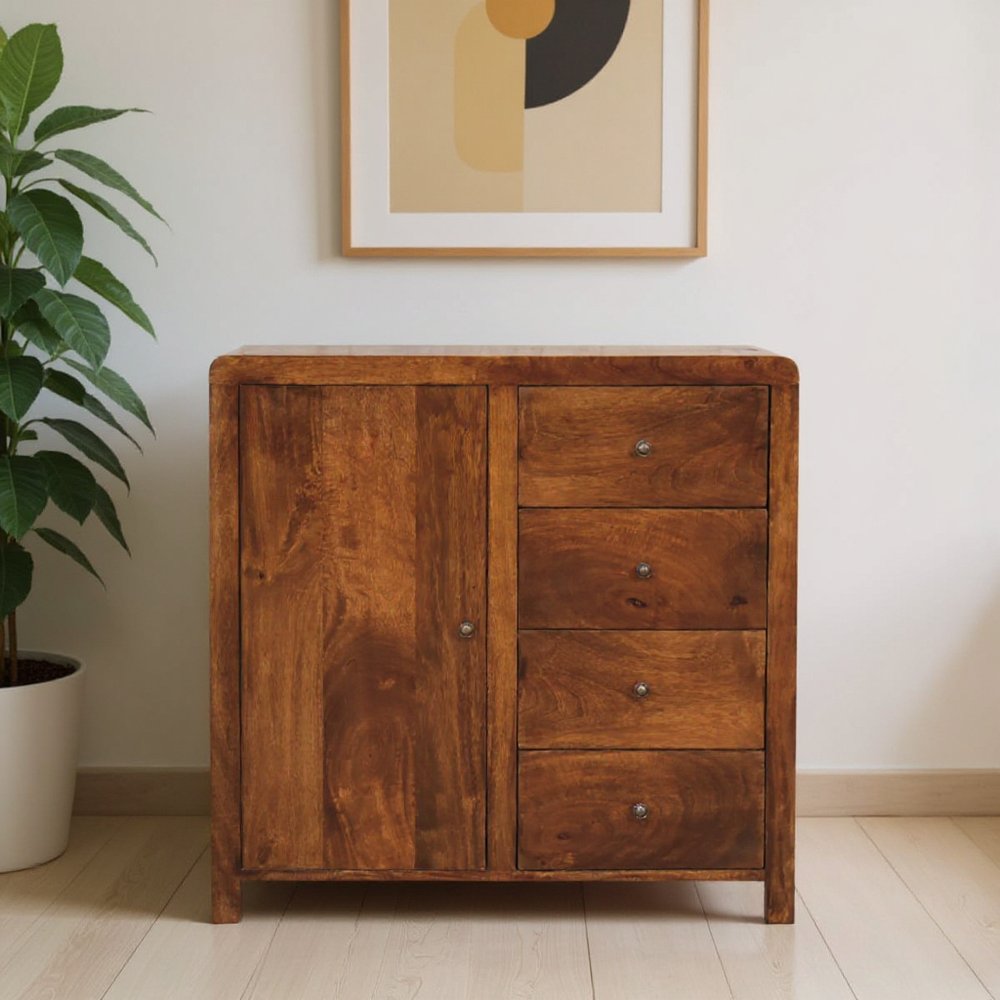 Brown Distressed Solid Wood Accent Cabinet with Single Door and Four Drawers