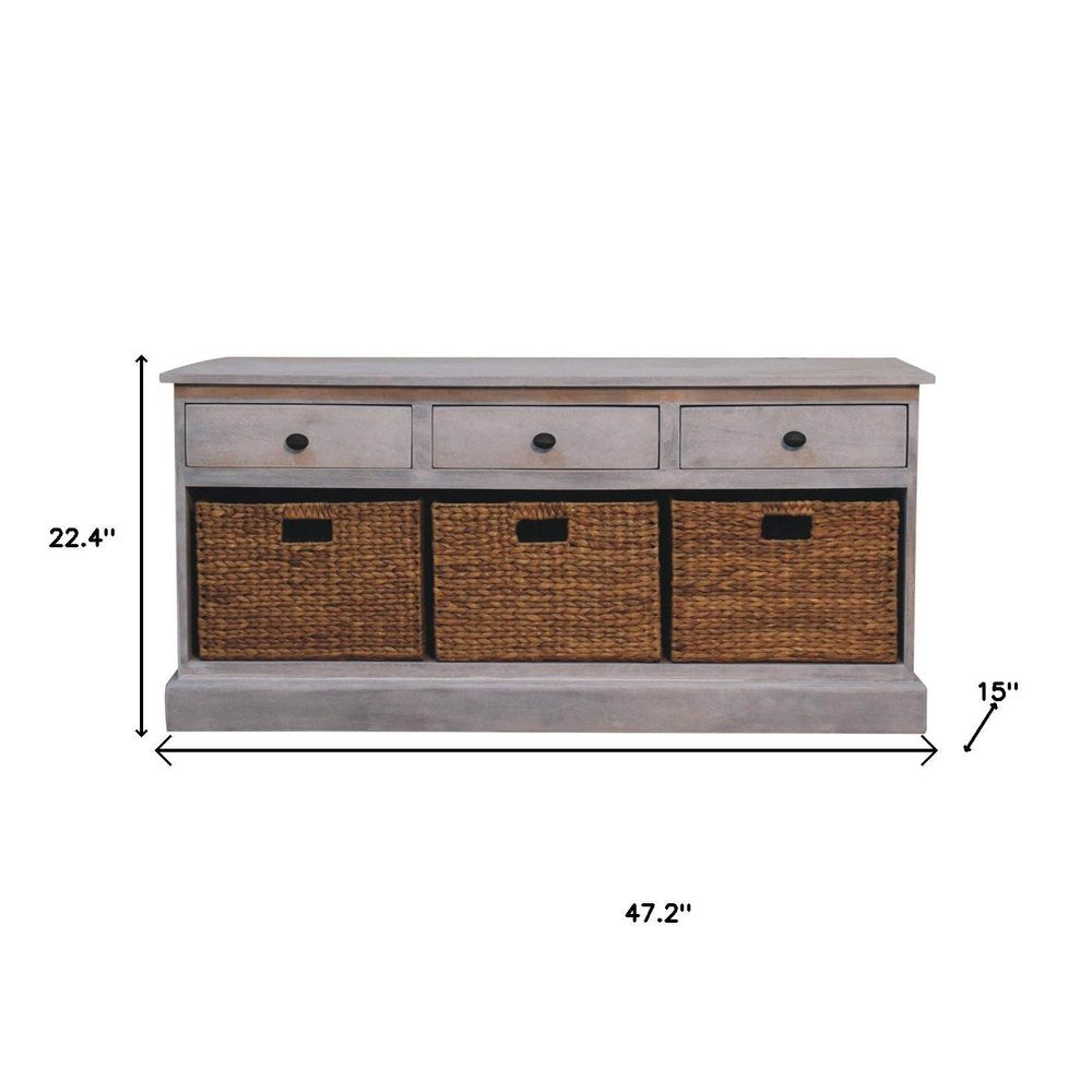 White and Natural Solid Wood Basket Storage Accent Cabinet with Three Drawers