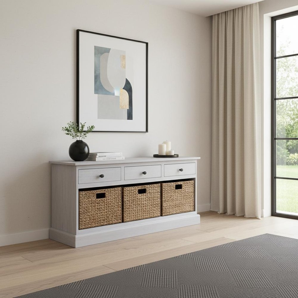 White and Natural Solid Wood Basket Storage Accent Cabinet with Three Drawers