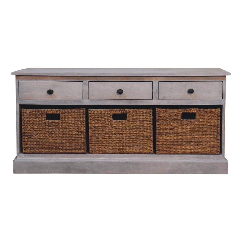 White and Natural Solid Wood Basket Storage Accent Cabinet with Three Drawers