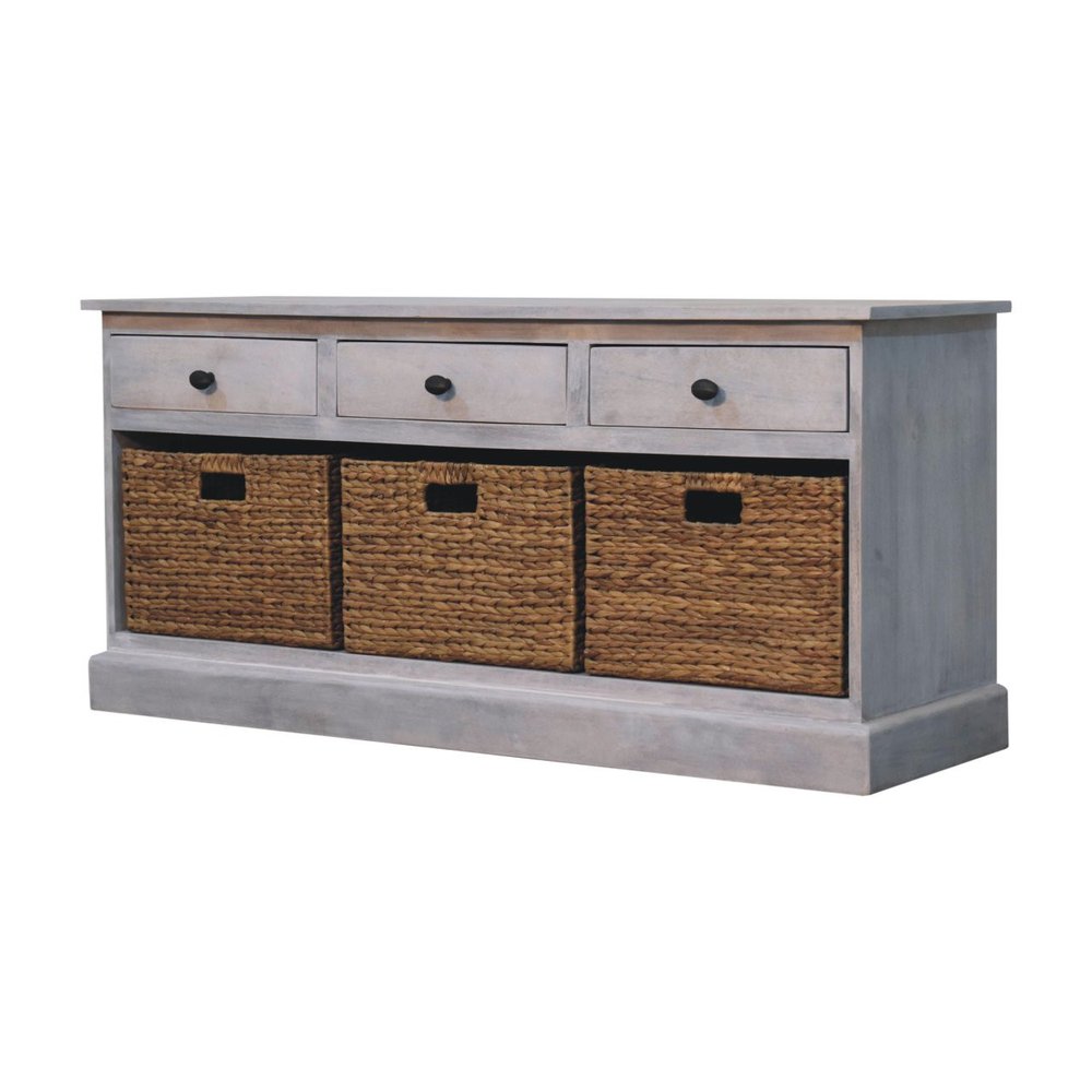 White and Natural Solid Wood Basket Storage Accent Cabinet with Three Drawers