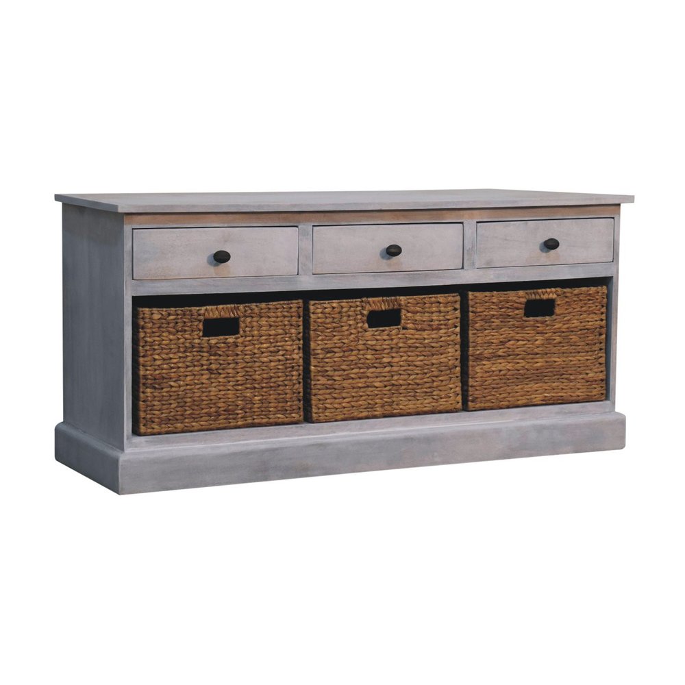 White and Natural Solid Wood Basket Storage Accent Cabinet with Three Drawers