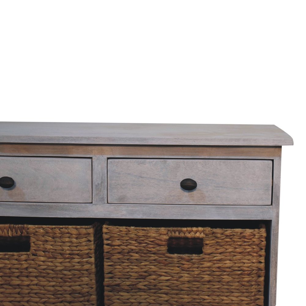 White and Natural Solid Wood Basket Storage Accent Cabinet with Three Drawers