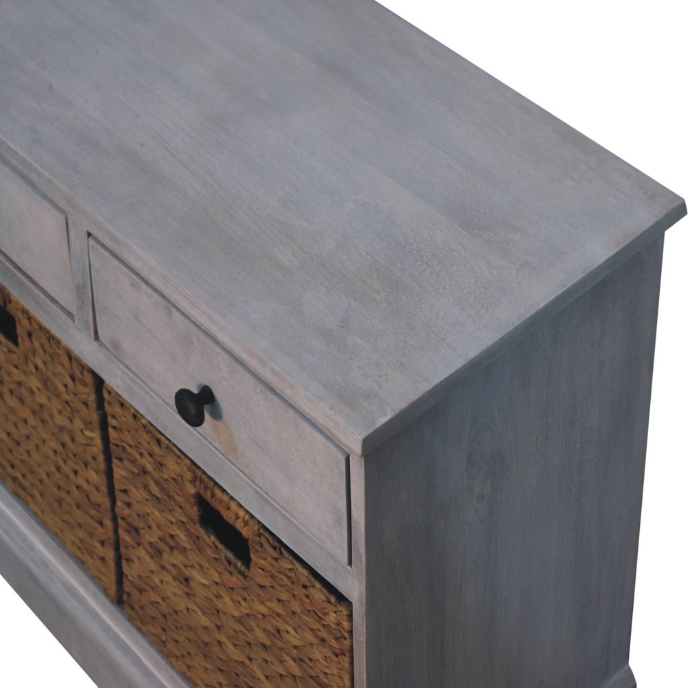 White and Natural Solid Wood Basket Storage Accent Cabinet with Three Drawers