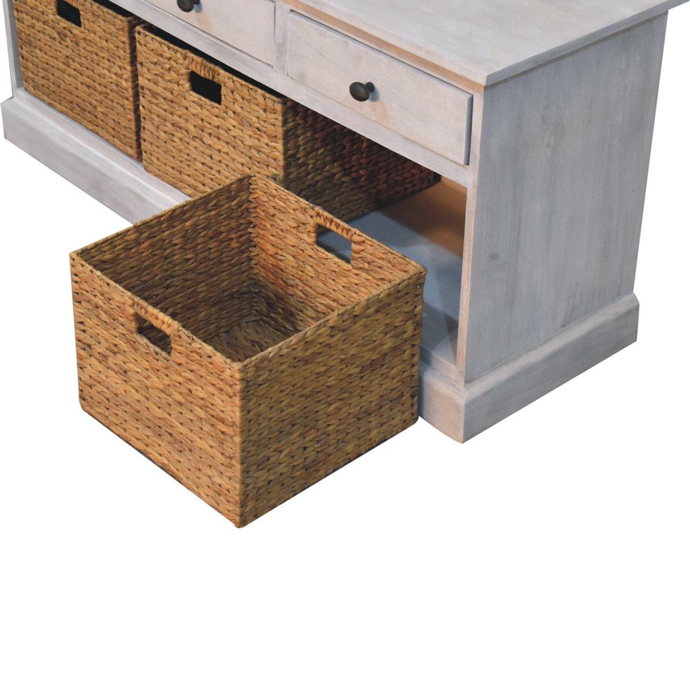 White and Natural Solid Wood Basket Storage Accent Cabinet with Three Drawers