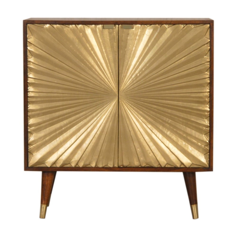 Chestnut and Gold Solid Wood Textured Door Accent Cabinet with Two Doors