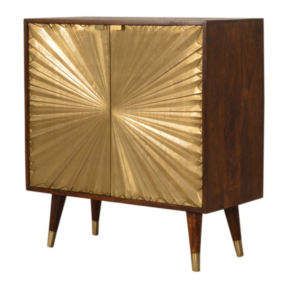Chestnut and Gold Solid Wood Textured Door Accent Cabinet with Two Doors