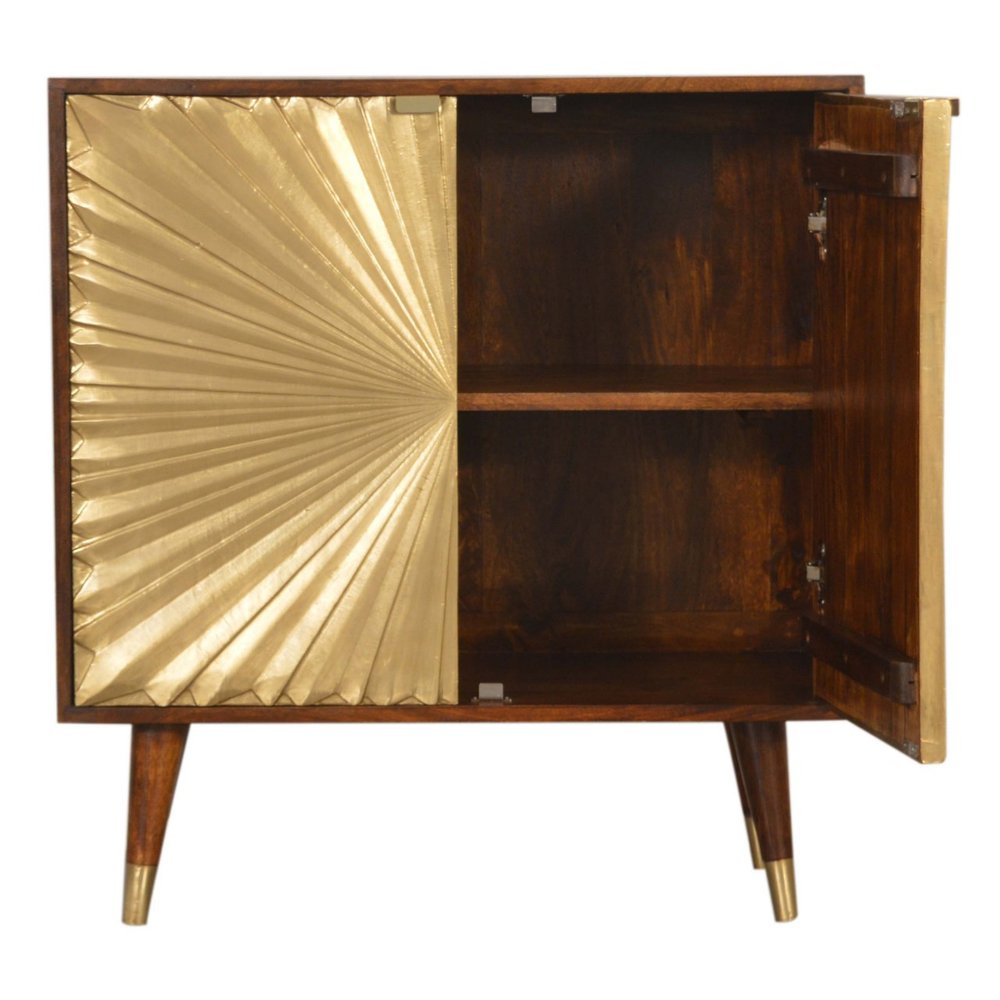 Chestnut and Gold Solid Wood Textured Door Accent Cabinet with Two Doors