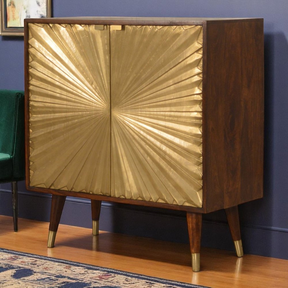 Chestnut and Gold Solid Wood Textured Door Accent Cabinet with Two Doors