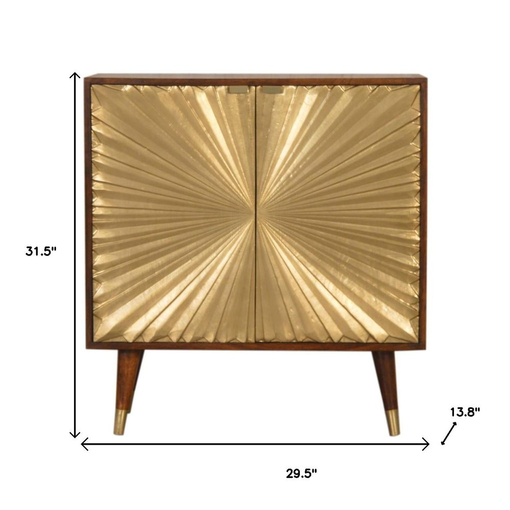 Chestnut and Gold Solid Wood Textured Door Accent Cabinet with Two Doors