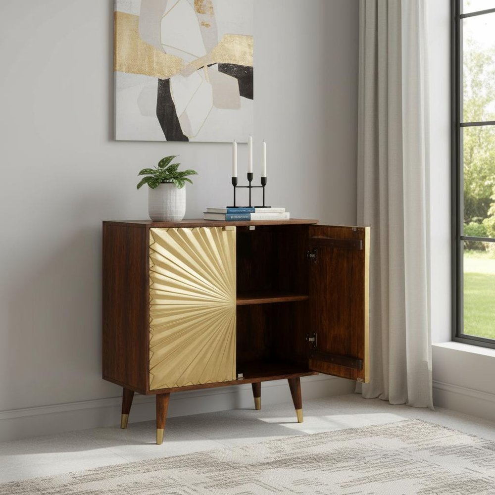 Chestnut and Gold Solid Wood Textured Door Accent Cabinet with Two Doors
