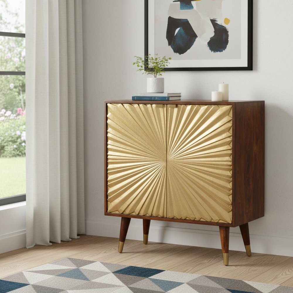 Chestnut and Gold Solid Wood Textured Door Accent Cabinet with Two Doors
