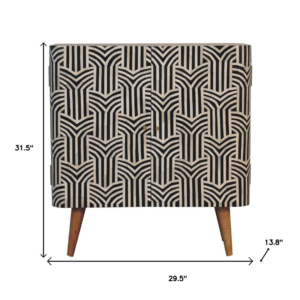 Dark Brown Black and White Solid Wood and Inlaid Bone Textured Accent Cabinet with Two Doors