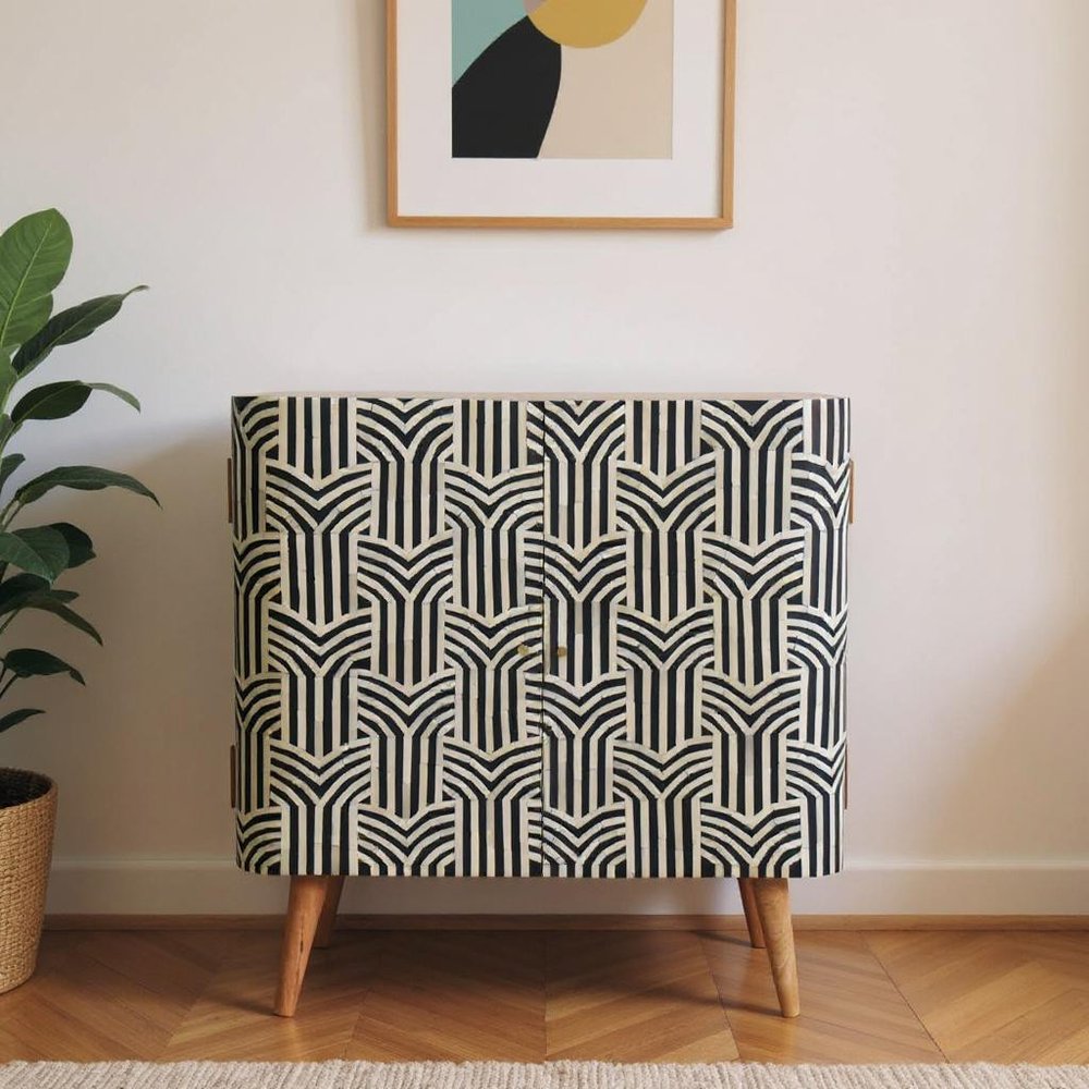 Dark Brown Black and White Solid Wood and Inlaid Bone Textured Accent Cabinet with Two Doors
