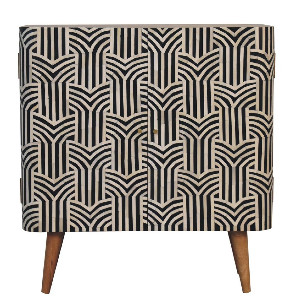 Dark Brown Black and White Solid Wood and Inlaid Bone Textured Accent Cabinet with Two Doors