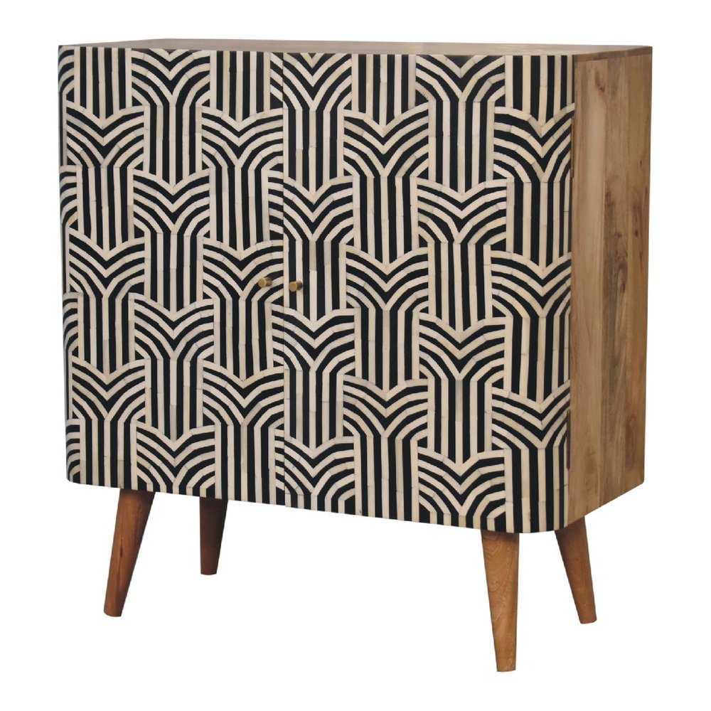 Dark Brown Black and White Solid Wood and Inlaid Bone Textured Accent Cabinet with Two Doors