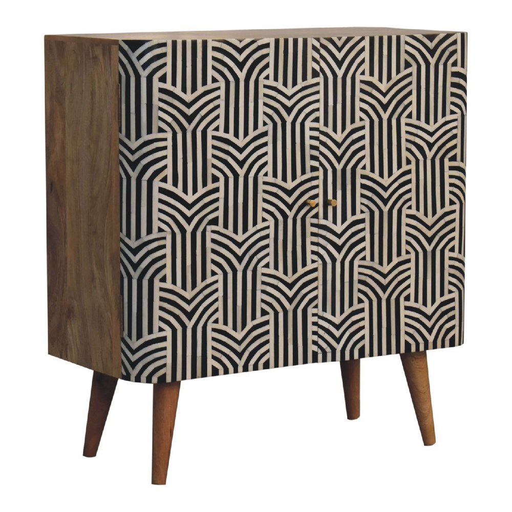 Dark Brown Black and White Solid Wood and Inlaid Bone Textured Accent Cabinet with Two Doors
