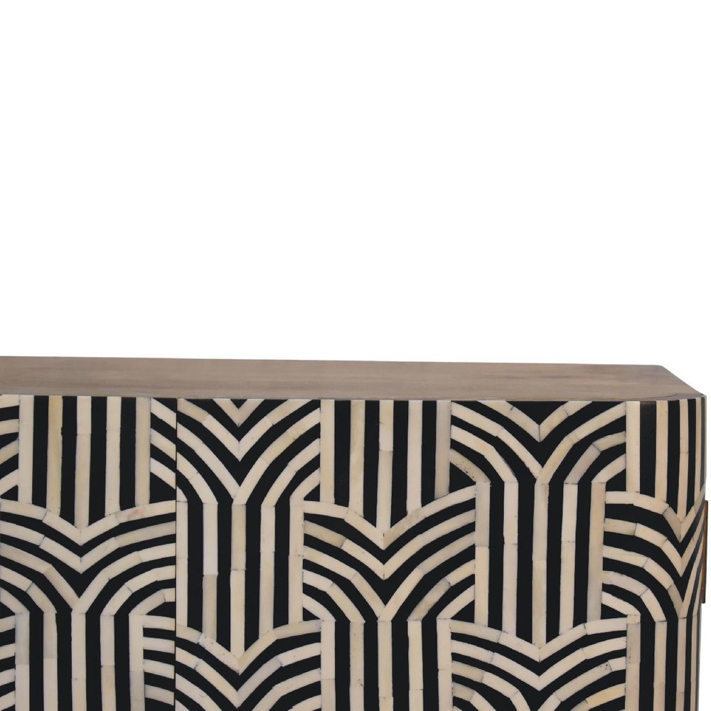 Dark Brown Black and White Solid Wood and Inlaid Bone Textured Accent Cabinet with Two Doors