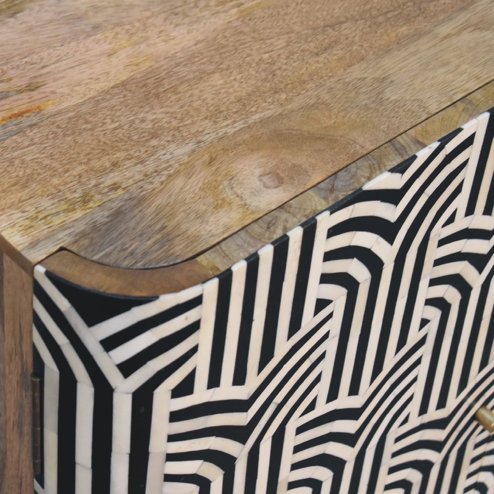 Dark Brown Black and White Solid Wood and Inlaid Bone Textured Accent Cabinet with Two Doors