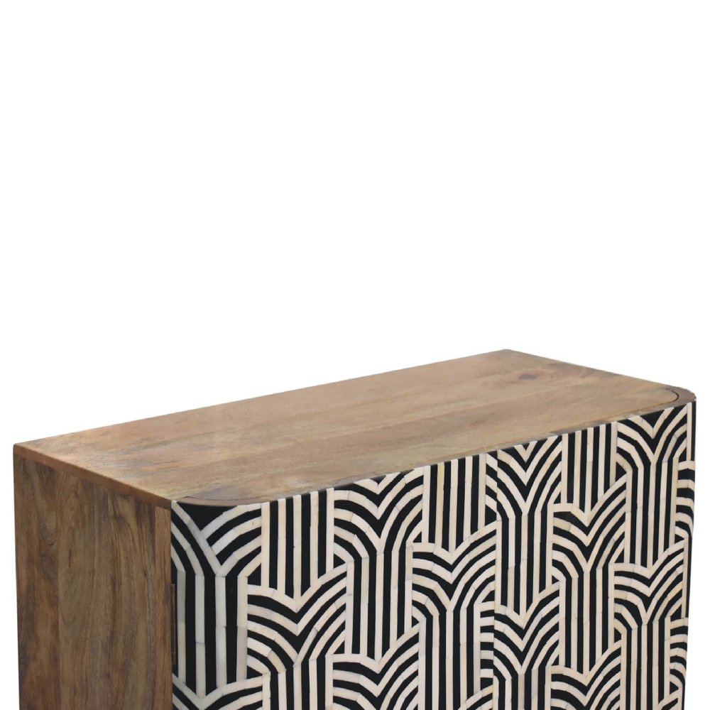 Dark Brown Black and White Solid Wood and Inlaid Bone Textured Accent Cabinet with Two Doors