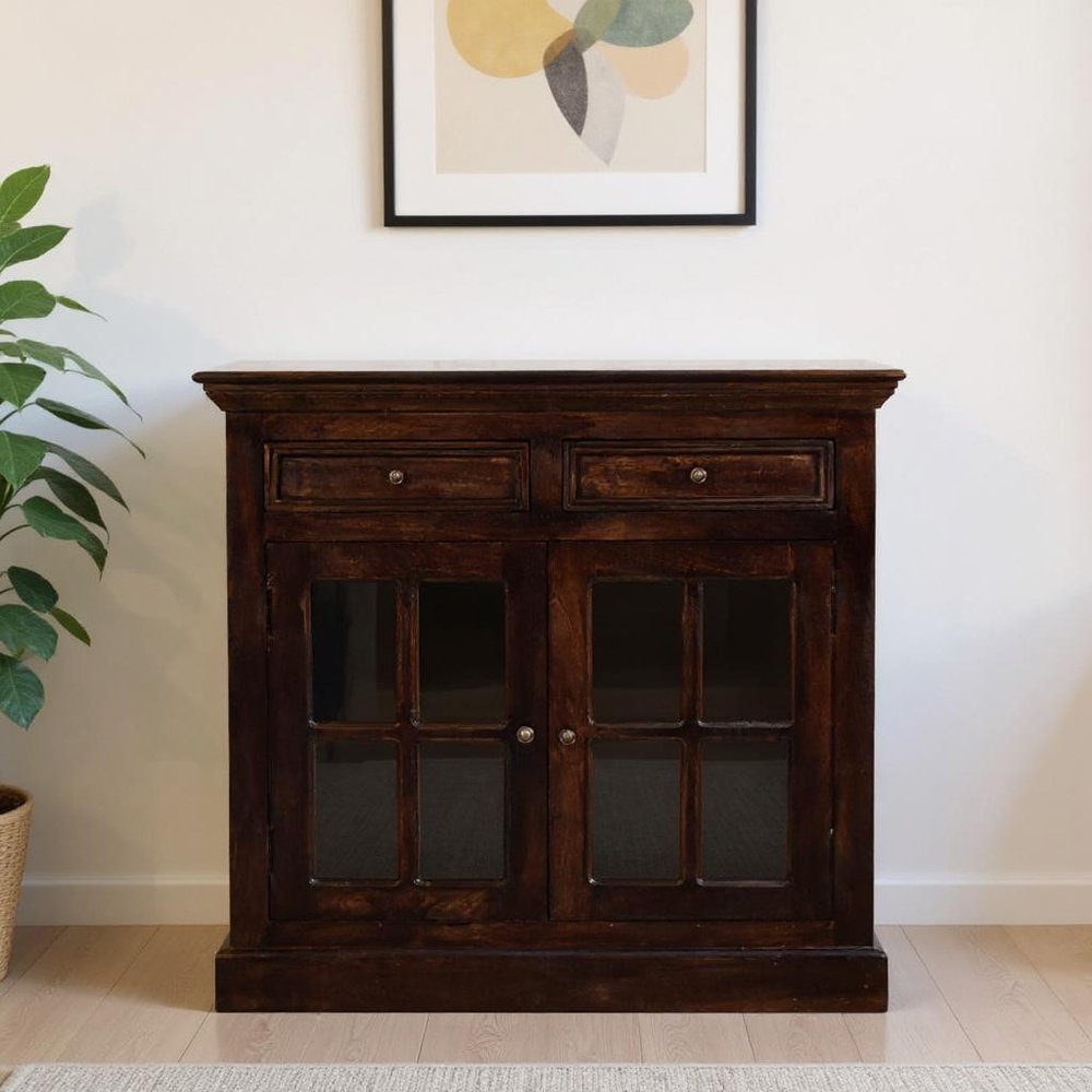 Walnut Solid Wood Accent Cabinet with Two Doors and Two Drawers - 35-inch