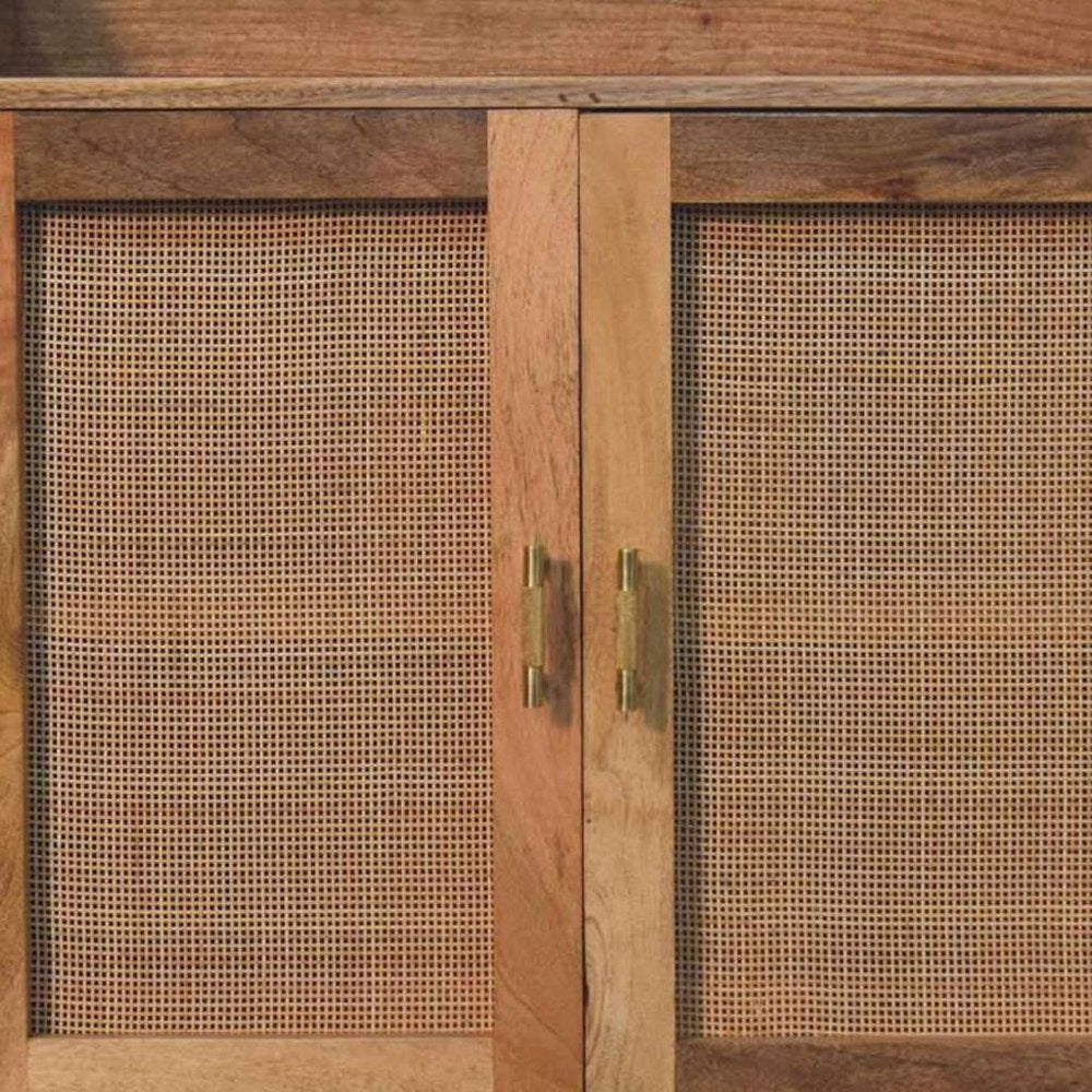 Brown Distressed Solid Wood Inlaid Rattan Accent Cabinet with Two Doors