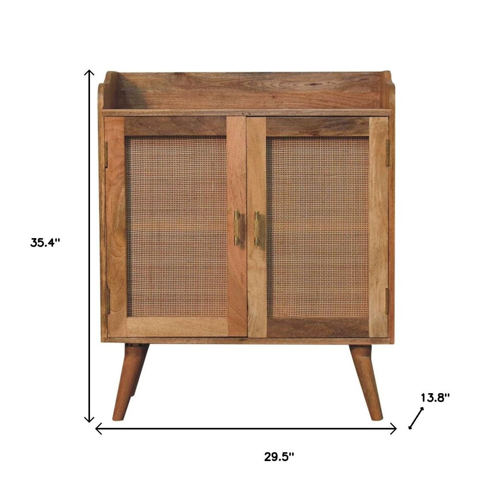 Brown Distressed Solid Wood Inlaid Rattan Accent Cabinet with Two Doors