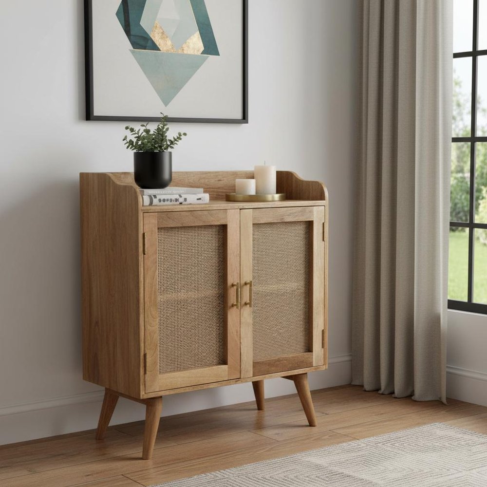 Brown Distressed Solid Wood Inlaid Rattan Accent Cabinet with Two Doors