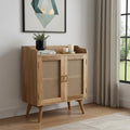 Brown Distressed Solid Wood Inlaid Rattan Accent Cabinet with Two Doors