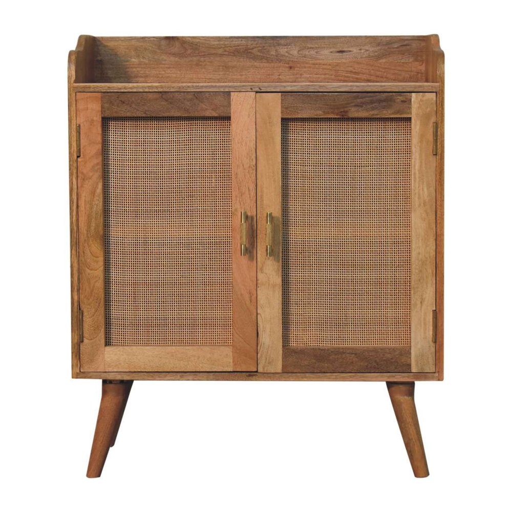 Brown Distressed Solid Wood Inlaid Rattan Accent Cabinet with Two Doors