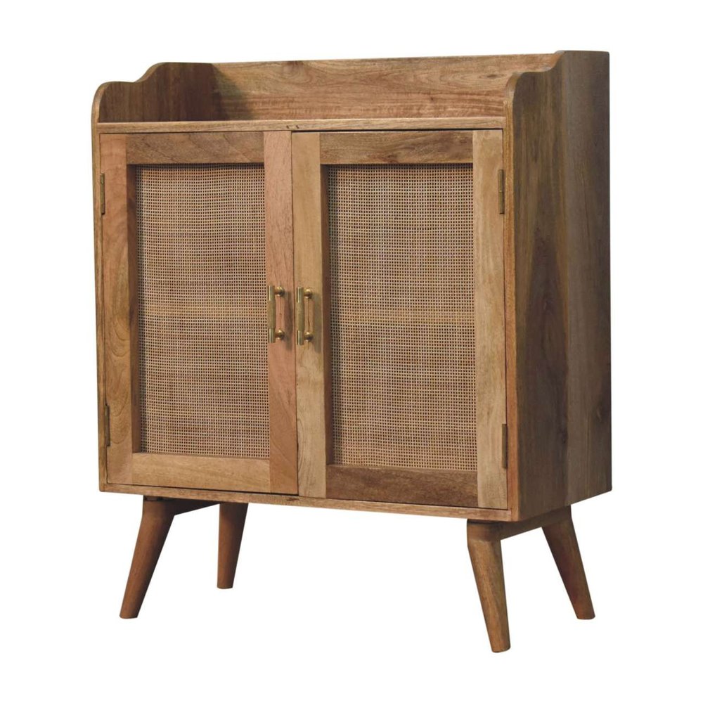Brown Distressed Solid Wood Inlaid Rattan Accent Cabinet with Two Doors