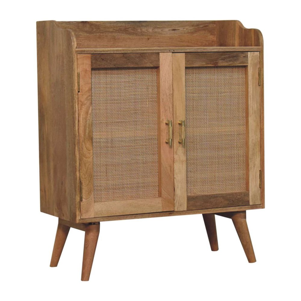 Brown Distressed Solid Wood Inlaid Rattan Accent Cabinet with Two Doors