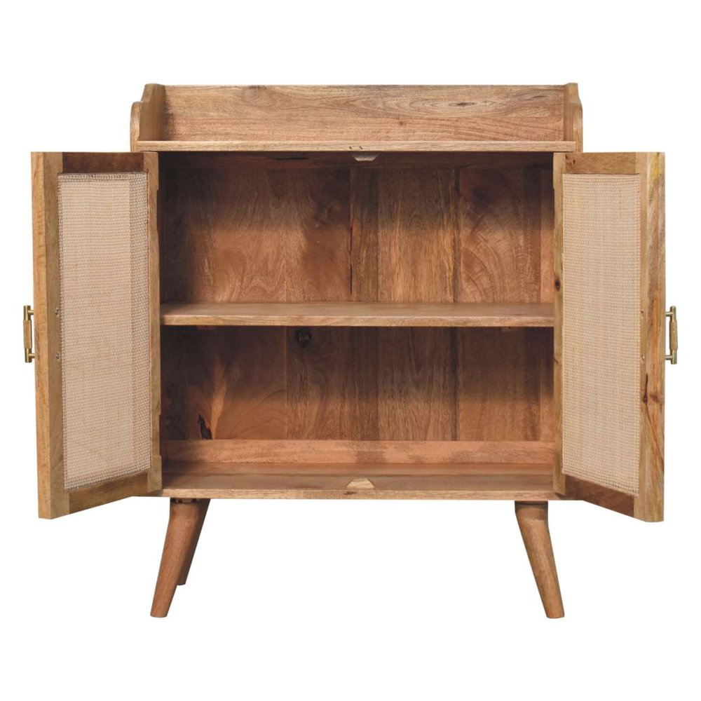 Brown Distressed Solid Wood Inlaid Rattan Accent Cabinet with Two Doors