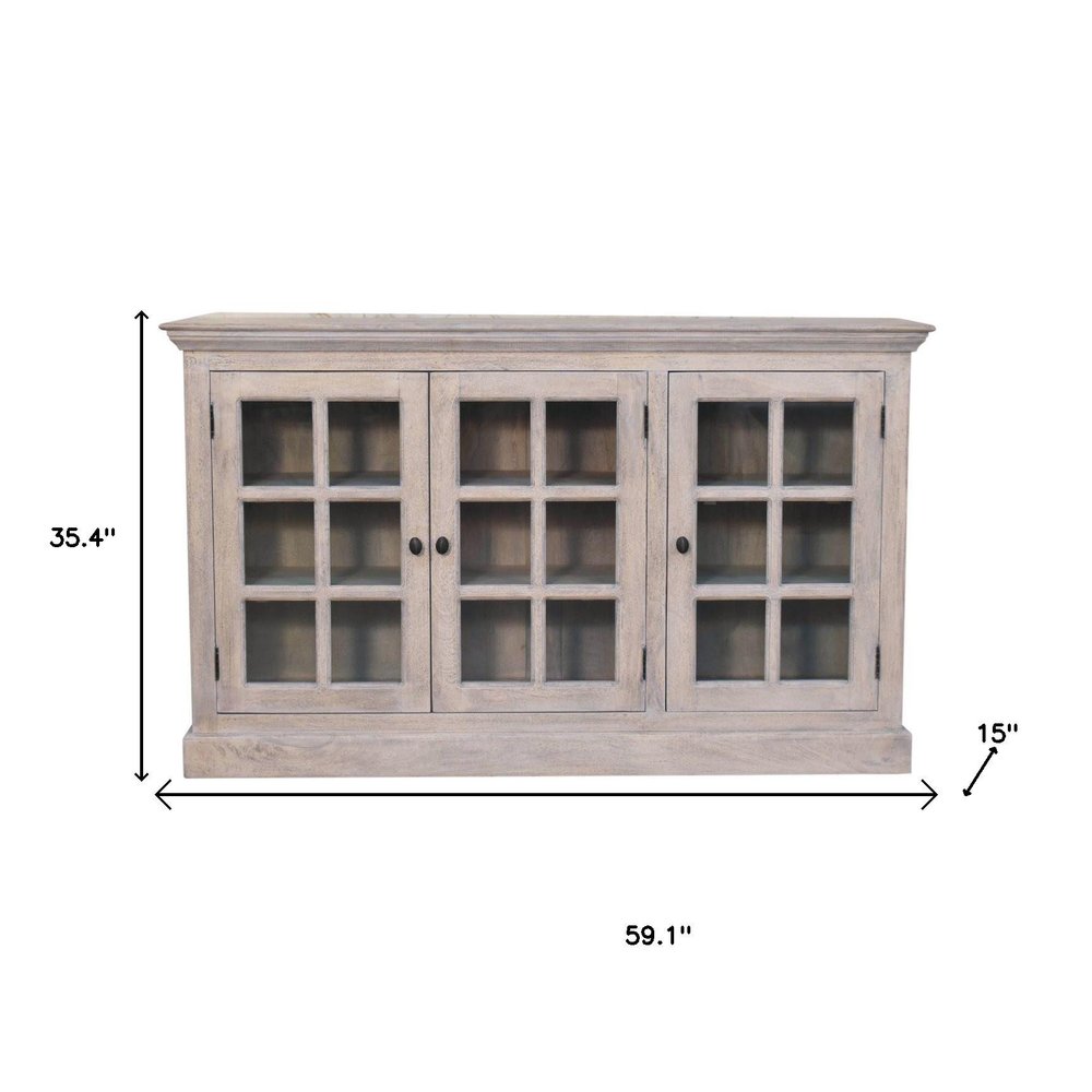 Light Gray and Clear Distressed Solid Wood Accent Cabinet with Three Doors