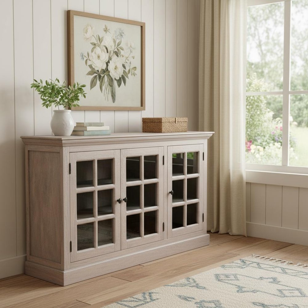Light Gray and Clear Distressed Solid Wood Accent Cabinet with Three Doors