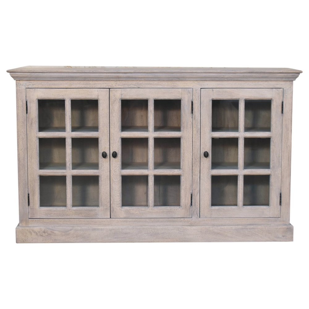 Light Gray and Clear Distressed Solid Wood Accent Cabinet with Three Doors