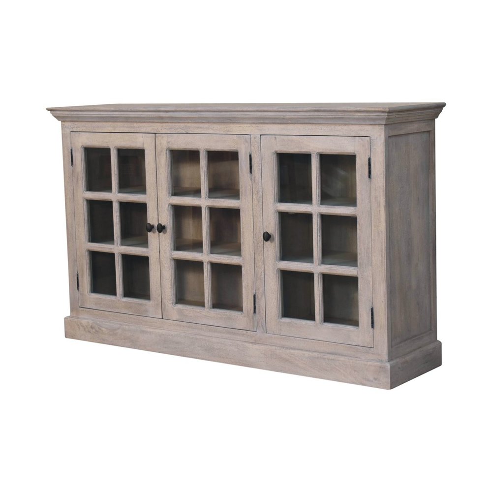 Light Gray and Clear Distressed Solid Wood Accent Cabinet with Three Doors