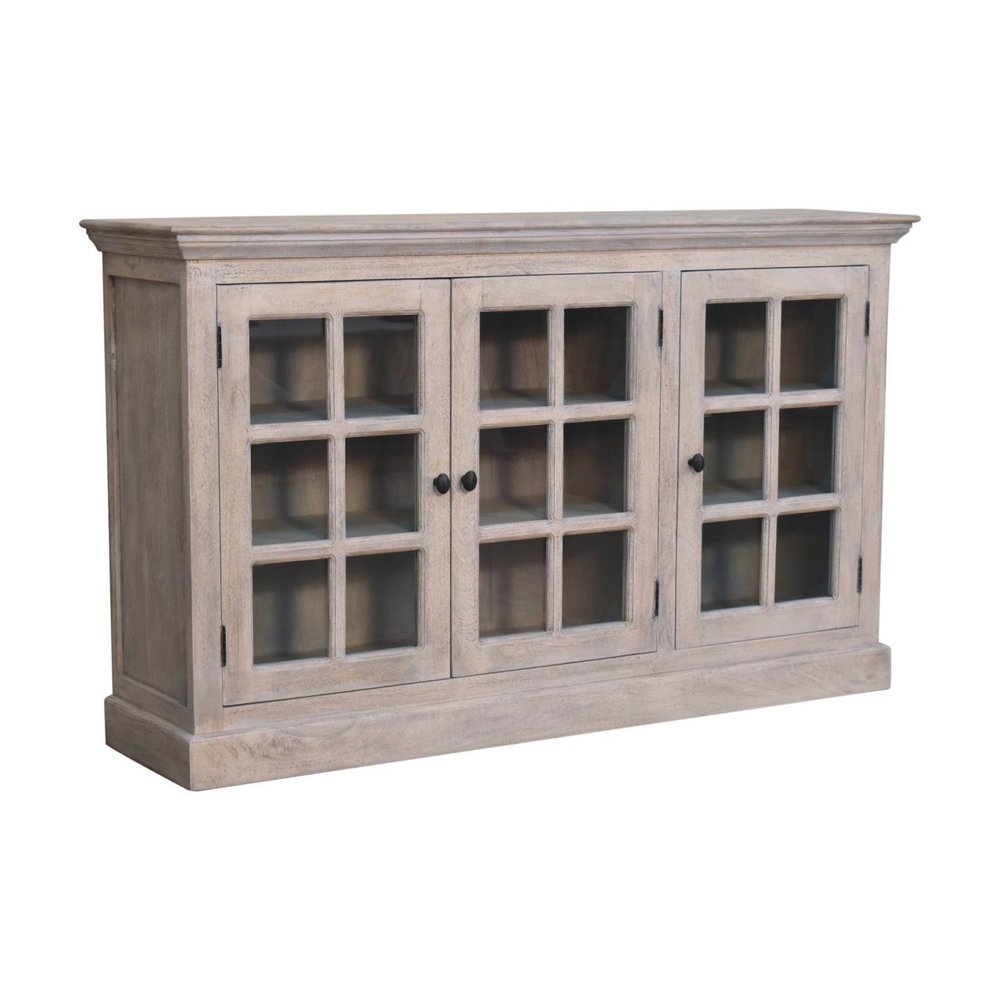 Light Gray and Clear Distressed Solid Wood Accent Cabinet with Three Doors