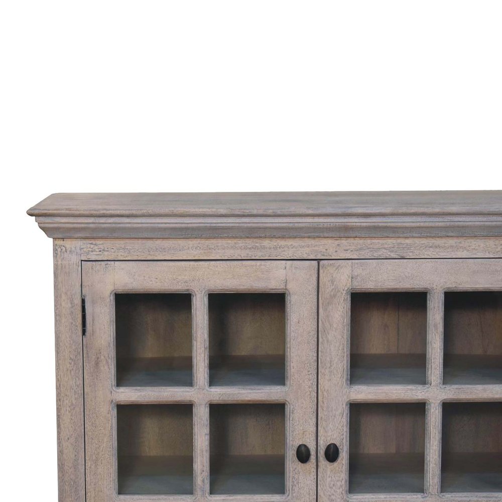 Light Gray and Clear Distressed Solid Wood Accent Cabinet with Three Doors