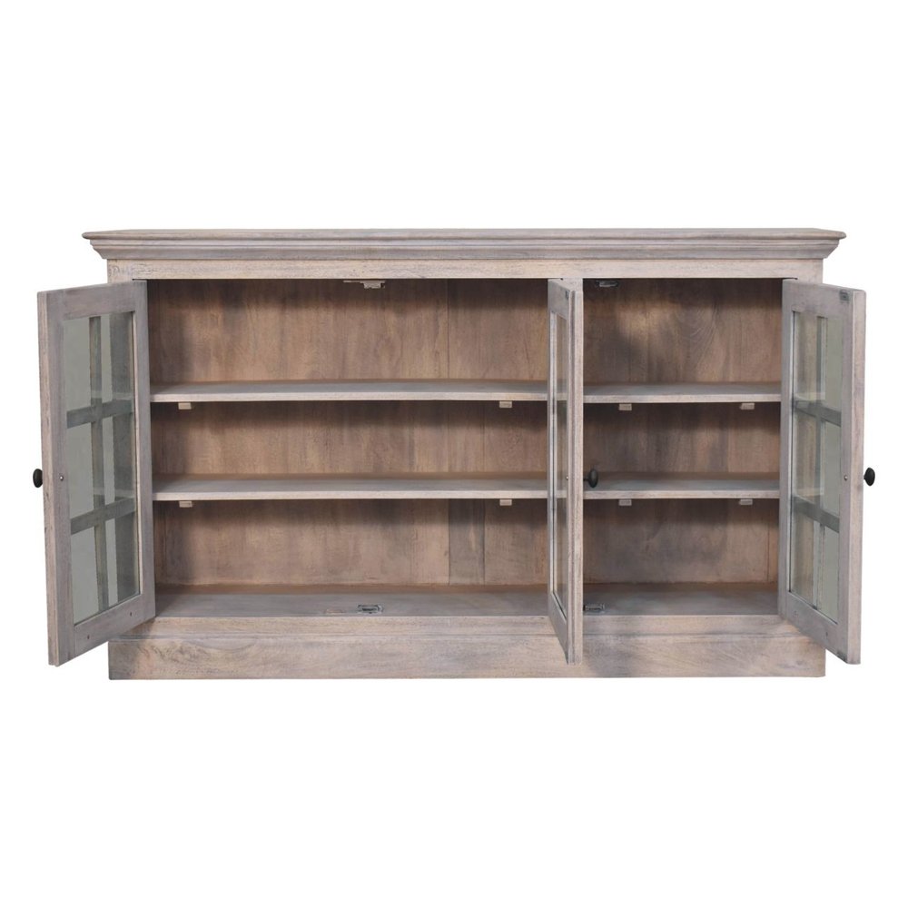 Light Gray and Clear Distressed Solid Wood Accent Cabinet with Three Doors