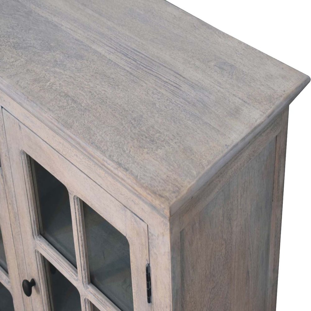 Light Gray and Clear Distressed Solid Wood Accent Cabinet with Three Doors