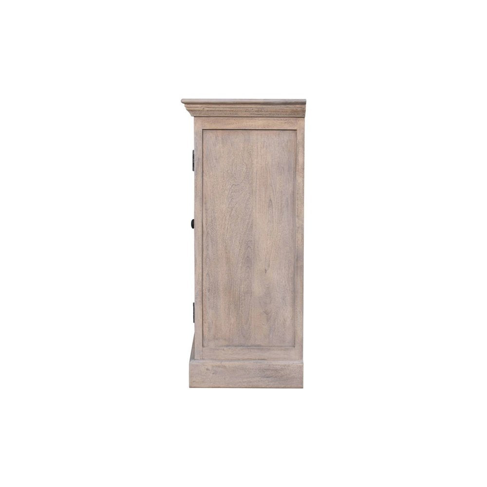 Light Gray and Clear Distressed Solid Wood Accent Cabinet with Three Doors