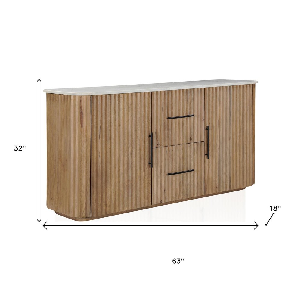 Brown and White Solid Wood and Marble Ribbed Texture Sideboard with Two Doors